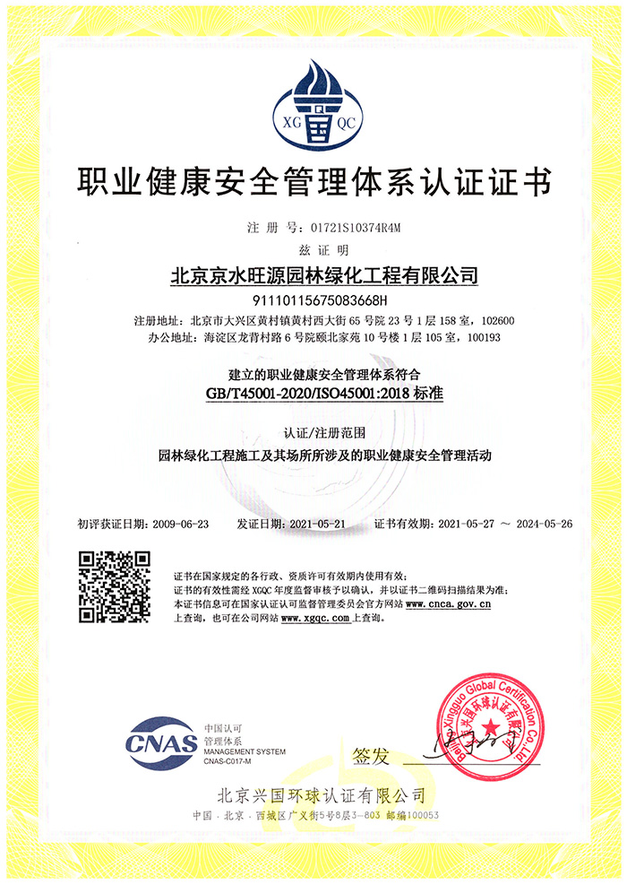 職業(yè)健康安全管理體系認(rèn)證證書